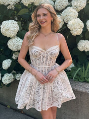 Gorgeous V-neck Lace Spaghetti Strap A-line Short Mini Dress Homecoming Dress
