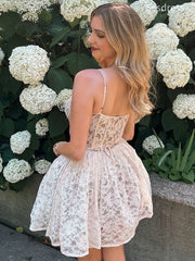 Gorgeous V-neck Lace Spaghetti Strap A-line Short Mini Dress Homecoming Dress