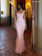 Gorgeous Pink Scoop Straps Appliques Mermaid Long Evening Dress,Prom Dress