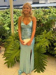 Sparkly Green Sequins V-neck Spaghtti Strap Side Slit Mermaid Long Evening Dress,Prom Dress