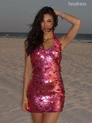 Sparkly Sequins V-neck Halter Bodycon Short Mini Dress Homecoming Dress