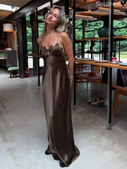 Sexy Lace Neck Spaghetti Strap A-line Long Wedding Guest Dress,Prom Dress