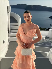 Gorgeous V-neck Spaghetti Strap Ruffles A-line Long Evening Dress,Prom Dress