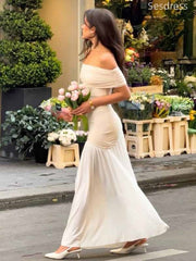 Elegant Ivory Off the Shoulder Strapless A-line Long Evening Dress,Prom Dress
