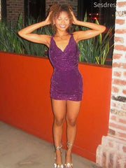 Gorgeous V-neck Purple Bodycon Short Mini Dress Homecoming Dress