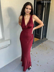 Elegant Burgundy V-neck Mermaid Long Evening Dress,Prom Dress