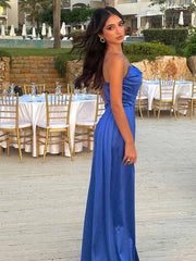 Simple V-neck Strapless Pleats Side Slit Mermaid Long Evening Dress,Prom Dress