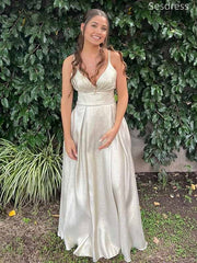 Elegant V-neck Spaghetti Strap A-line Long Evening Dress,Prom Dress