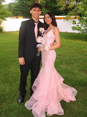 Gorgeous Pink V-neck Spaghetti Strap Lace Appliques Mermaid Long Evening Dress,Prom Dress