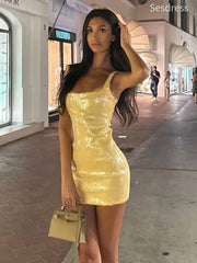 Sparkly Yellow Square Strap Bodycon Short Mini Dress Homecoming Dress