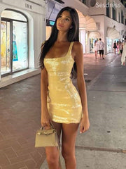 Sparkly Yellow Square Strap Bodycon Short Mini Dress Homecoming Dress