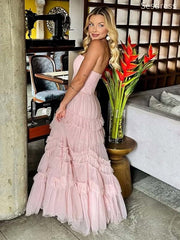 Gorgeous Pink Tulle Strapless A-line Long Evening Dress,Prom Dress