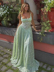 Elegant Square Straps Lace Appliques A-line Long Evening Dress,Prom Dress