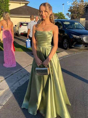 Premium Green Strapless Pleats A-line Long Evening Dress,Prom Dress