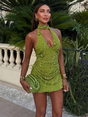 Gorgeous V-neck Halter Beaded Pleats Bodycon Short Mini Dress Homecoming Dress