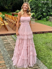 Gorgeous Pink Tulle Strapless A-line Long Evening Dress,Prom Dress