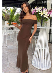 Classy Satin Brown Off the Should Strapless Mermaid Wedding Guest Dress,Prom Dress