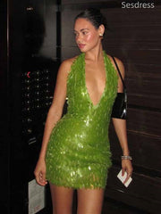 Unique Sequin V-neck Halter Bodycon Short Mini Dress Homecoming Dress