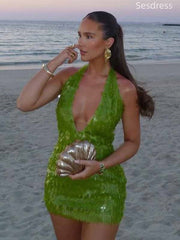 Unique Sequin V-neck Halter Bodycon Short Mini Dress Homecoming Dress