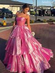 Elegant Pink Strapless See Through A-line Long Evening Dress,Prom Dress