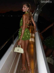 Premium Green V-neck Halter Pleats Bodycon Short Mini Dress Homecoming Dress
