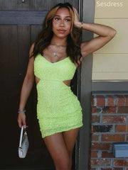 Unique V-neck Spaghetti Strap Bodycon Short Mini Dress Homecoming Dress