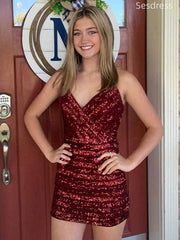 Burgundy Sequin V-neck Spaghetti Strap Bodycon Short Mini Dress Homecoming Dress
