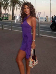 Unique Purple Halter 3D Flower Bodycon Short Mini Dress Homecoming Dress