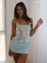Sparkly Sequins Scoop Spaghetti Strap Bodycon Short Mini Dress Homecoming Dress