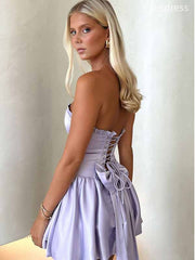 Elegant Purple Strapless Lace Up A-line Short Mini Dress Homecoming Dress