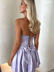 Elegant Purple Strapless Lace Up A-line Short Mini Dress Homecoming Dress