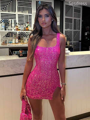 Elegant Scoop Straps Side Slit Bodycon Side Slit Short Mini Dress Homecoming Dress