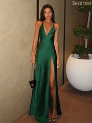 Sexy Deep V-neck Spaghetti Strap Side Slit Mermaid Wedding Guest Dress,Prom Dress