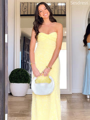 Elegant Satin Yellow Sweetheart Strapless Mermaid Wedding Guest Dress,Prom Dress