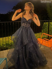 Gorgeous Black Lace Appliques V-neck Spaghetti Strap A-line Long Evening Dress,Prom Dress