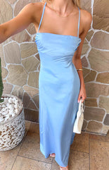 Elegant Satin Blue Square Spaghetti Strap Mermaid Wedding Guest Dress,Prom Dress