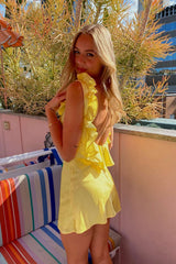 Simple Yellow V-neck Ruffles Sleveless A-line Short Mini Dress Homecoming Dress