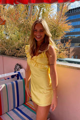 Simple Yellow V-neck Ruffles Sleveless A-line Short Mini Dress Homecoming Dress