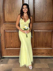 Gorgeous Yellow V-neck Spaghetti Strap Lace Appliques Mermaid Long Evening Dress,Prom Dress