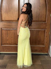 Gorgeous Yellow V-neck Spaghetti Strap Lace Appliques Mermaid Long Evening Dress,Prom Dress