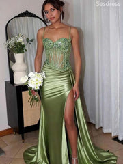 Gorgeous Sage Sweetheart Spaghetti Strap Lace Side Slit Mermaid Long Evening Dress,Prom Dress