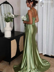 Gorgeous Sage Sweetheart Spaghetti Strap Lace Side Slit Mermaid Long Evening Dress,Prom Dress