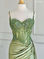 Gorgeous Sage Sweetheart Spaghetti Strap Lace Side Slit Mermaid Long Evening Dress,Prom Dress