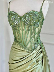 Gorgeous Sage Sweetheart Spaghetti Strap Lace Side Slit Mermaid Long Evening Dress,Prom Dress