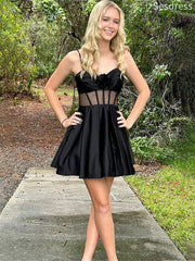 Navy Blue Sweetheart Spaghetti Strap 3D Flower A-line Mini Dress Homecoming Dress