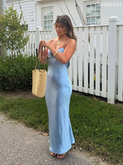 Gorgeous Blue  V-neck Spaghetti Strap 3D Flower Mermaid Wedding Guest Dress,Prom Dress