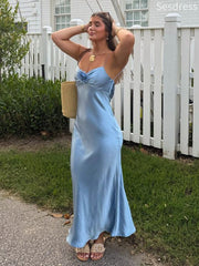 Gorgeous Blue  V-neck Spaghetti Strap 3D Flower Mermaid Wedding Guest Dress,Prom Dress