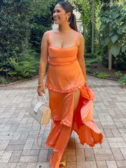 Simple Orange Square Straps Decorative Lace Side Slit A-line Wedding Guest Dress,Prom Dress