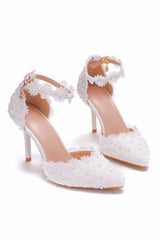 White Pointed Toe High Heels Sandals Lace Pearl Bridal Shoes
