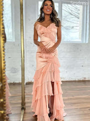 Elegant V-neck Spaghetti Strap Ruffle Mermaid Side Slit Long Evening Dress,Prom Dress